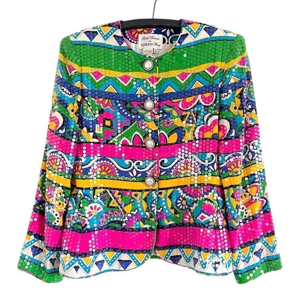 Vintage Rickie Freeman Teri Jon Colorful Printed Silk Sequin Blazer Jacket